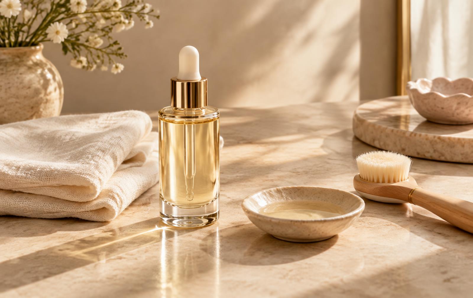 Skincare serum, facial brush and folded linen in warm morning light