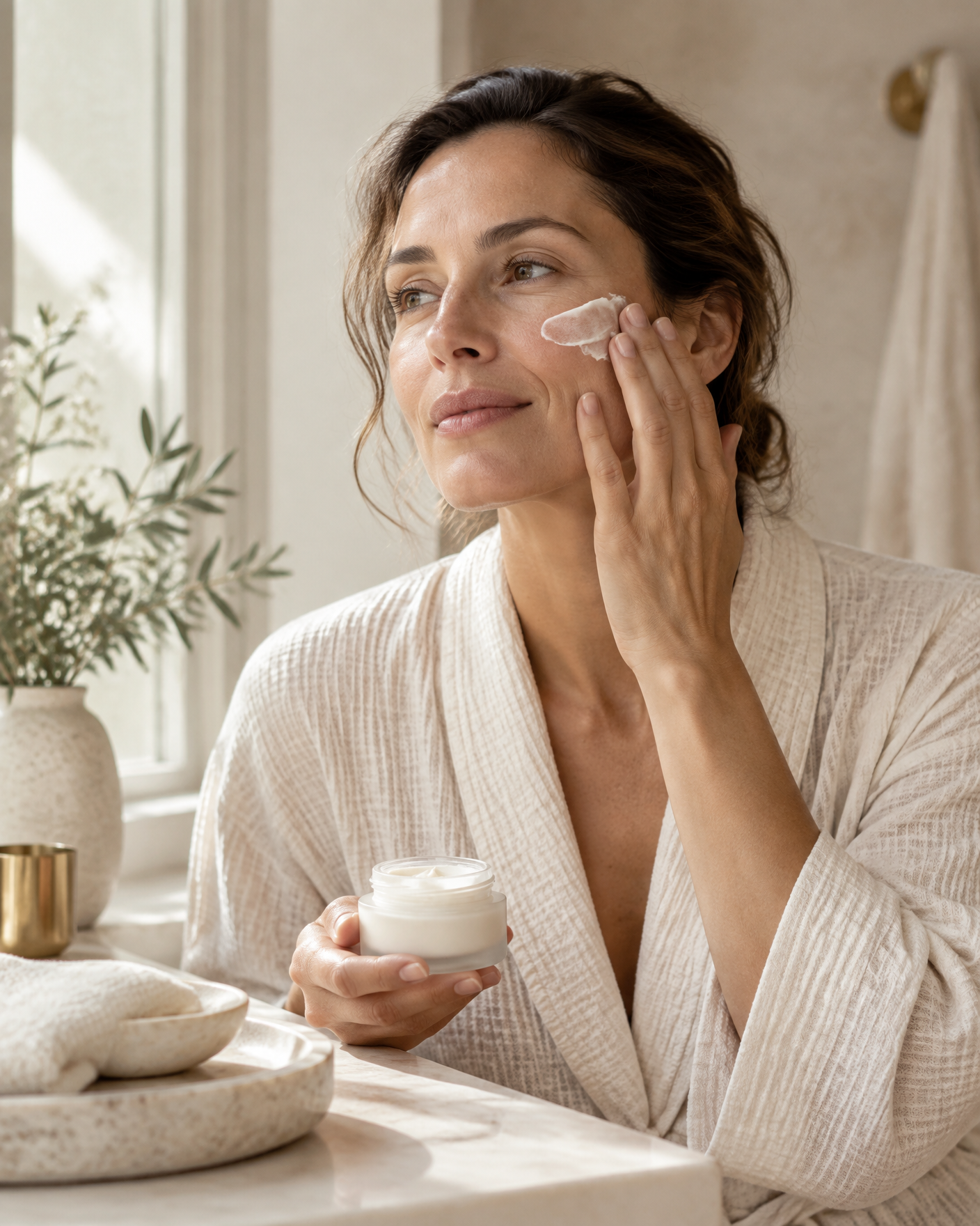 Woman gently applying protective skincare after resurfacing
