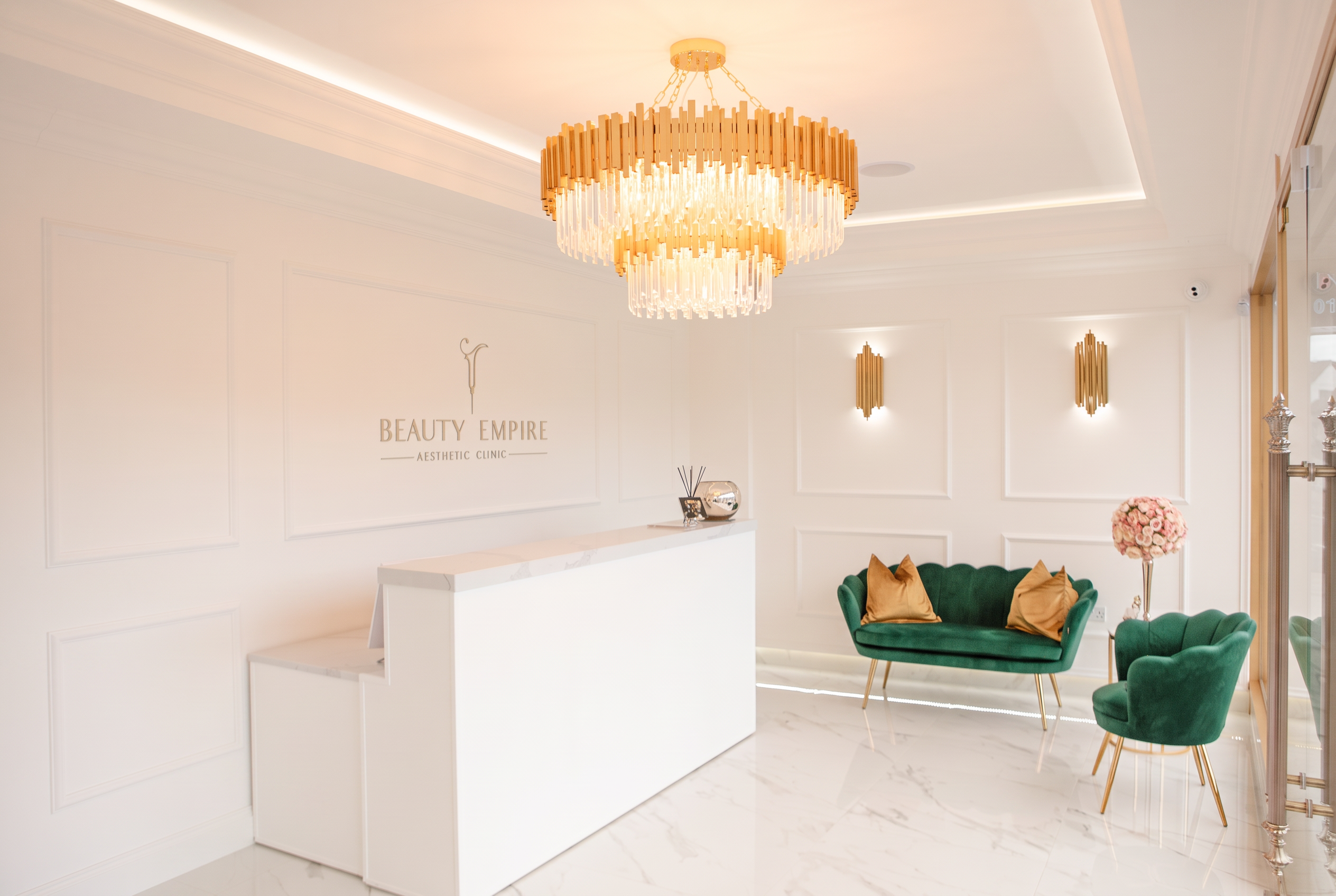 The bright reception at Beauty Empire Aesthetic Clinic in Gidea Park, Romford