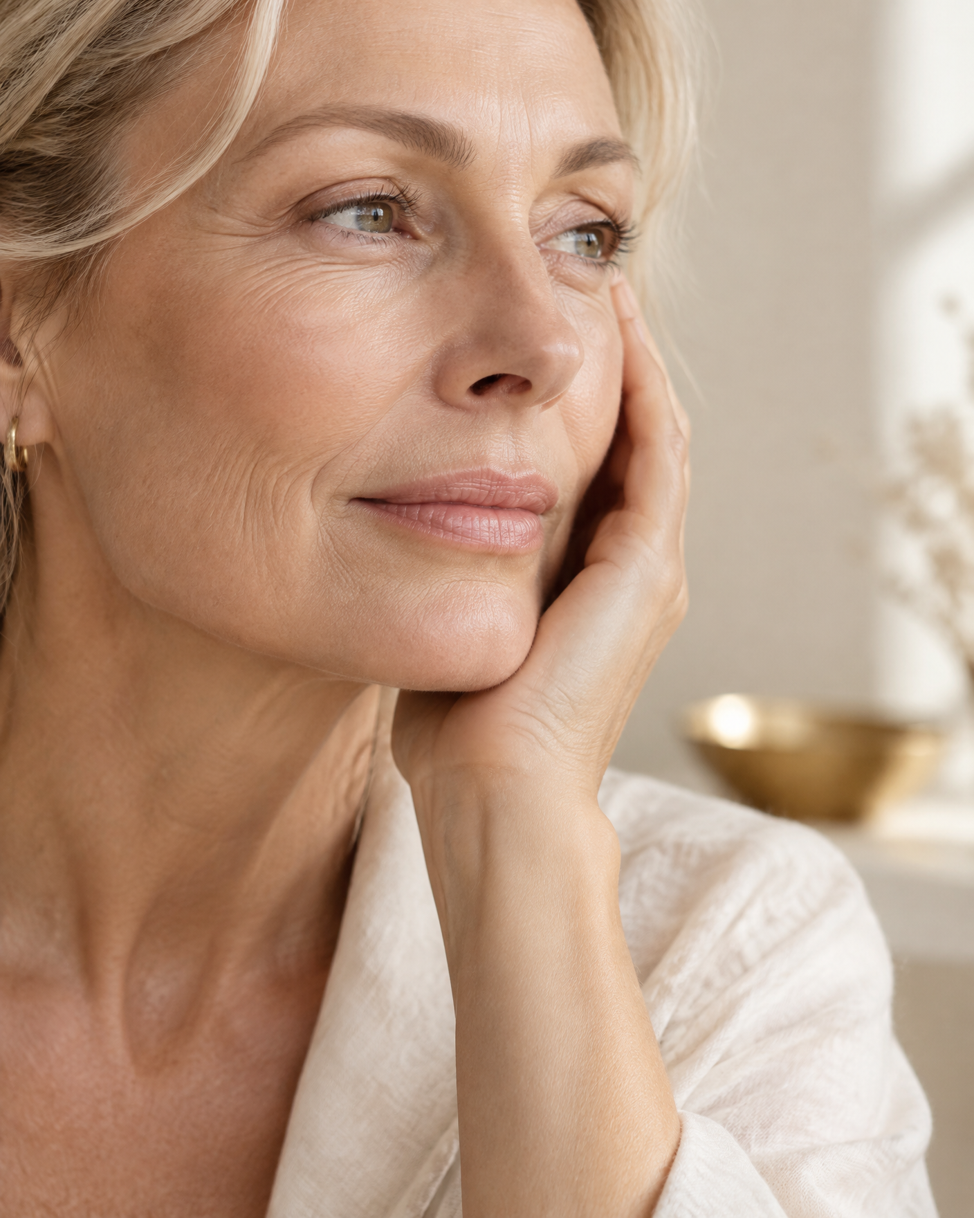 Naturally mature skin in soft daylight