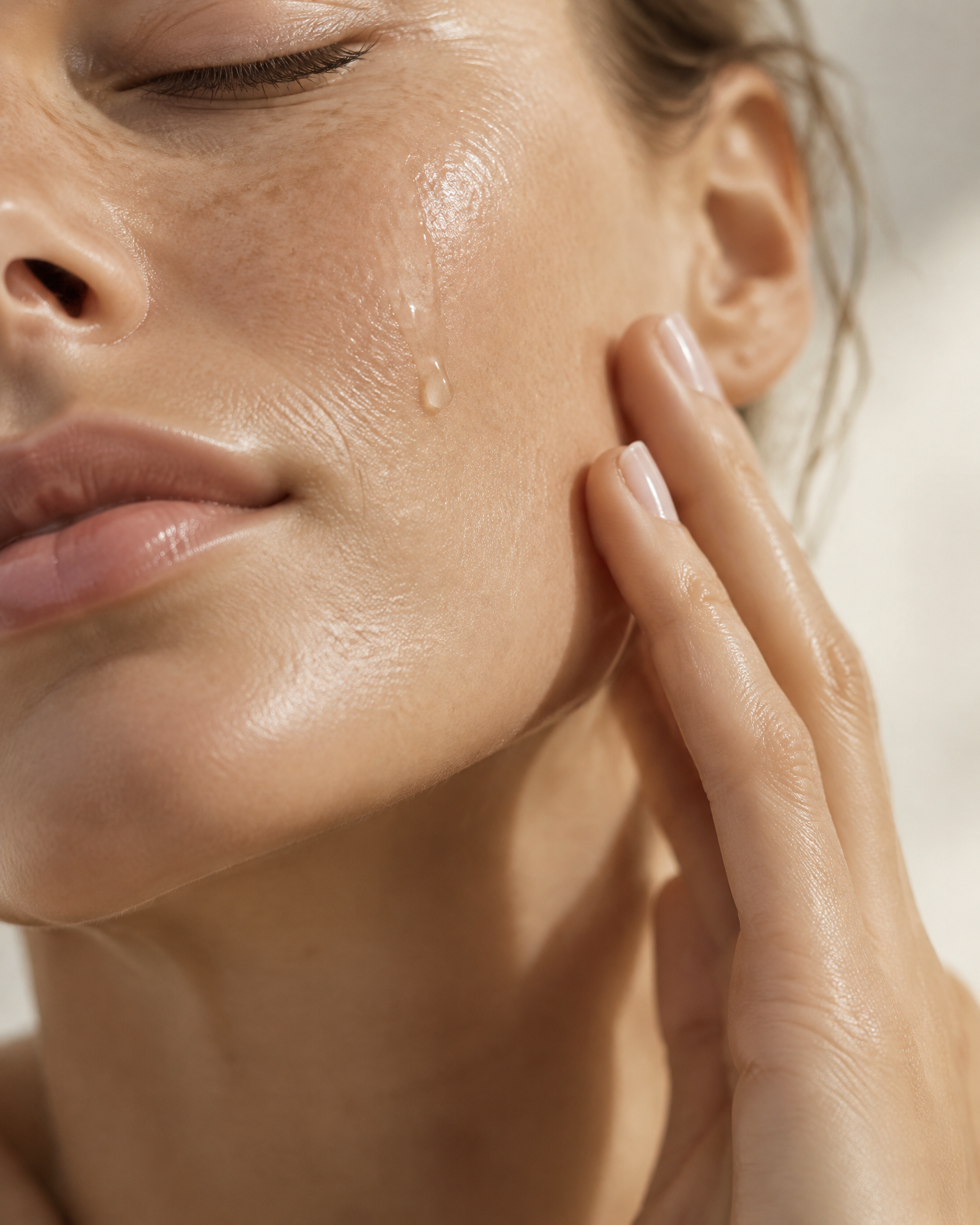 Hydrated-looking skin with a clear water droplet in soft daylight
