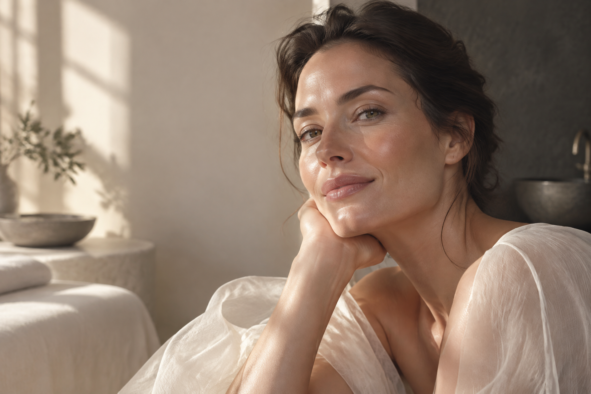 Woman with naturally luminous skin in warm light, facials for dull skin and texture in Romford
