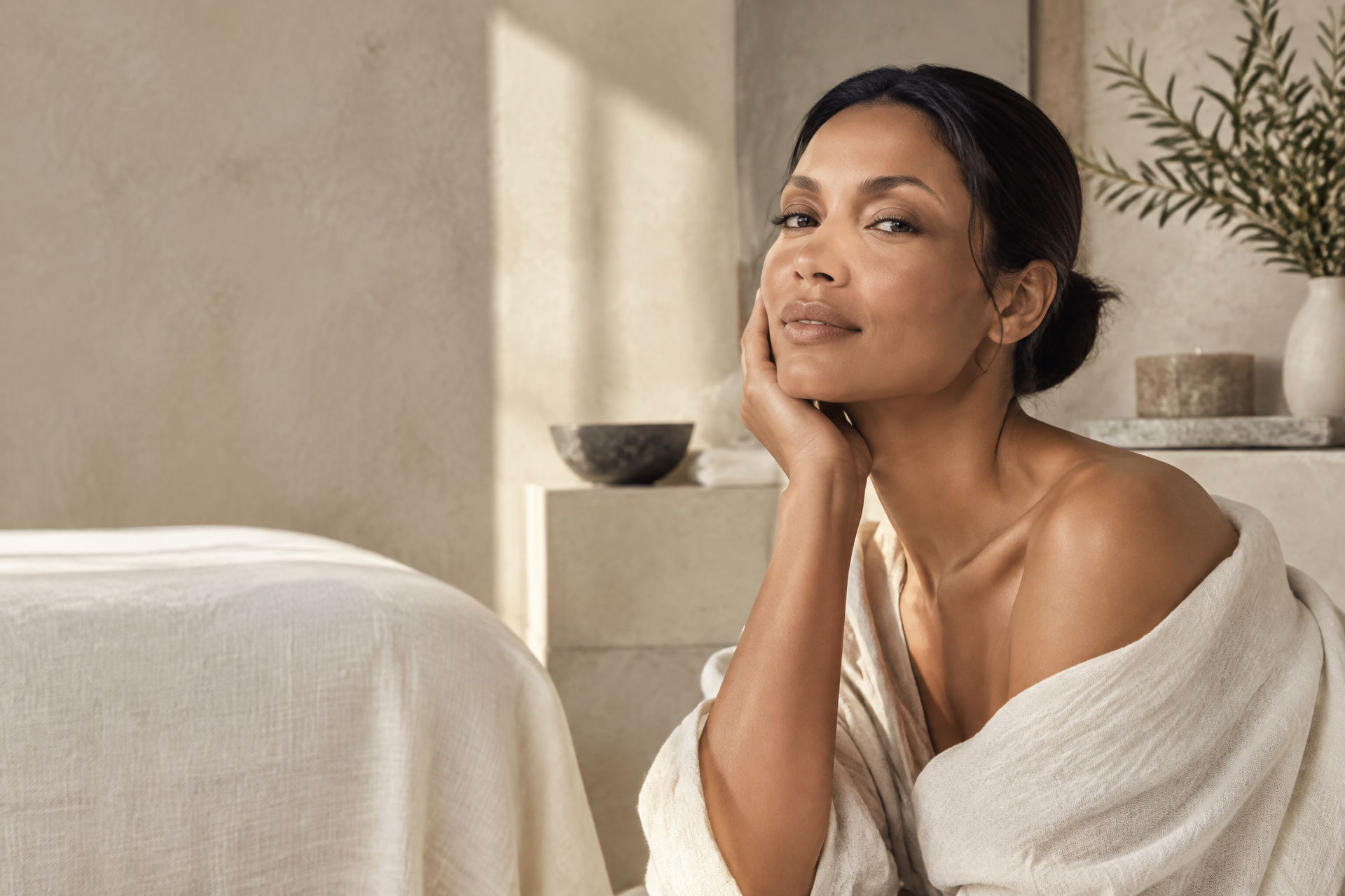 Woman with natural skin tone in a calm treatment room, pigmentation facials in Romford