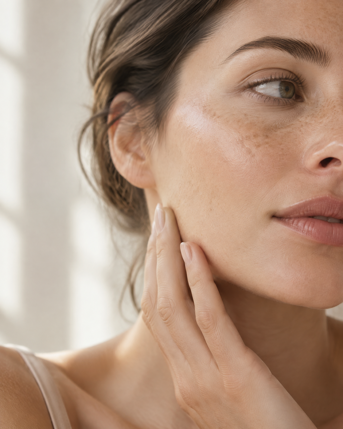 Natural variation in skin tone and freckles in soft daylight