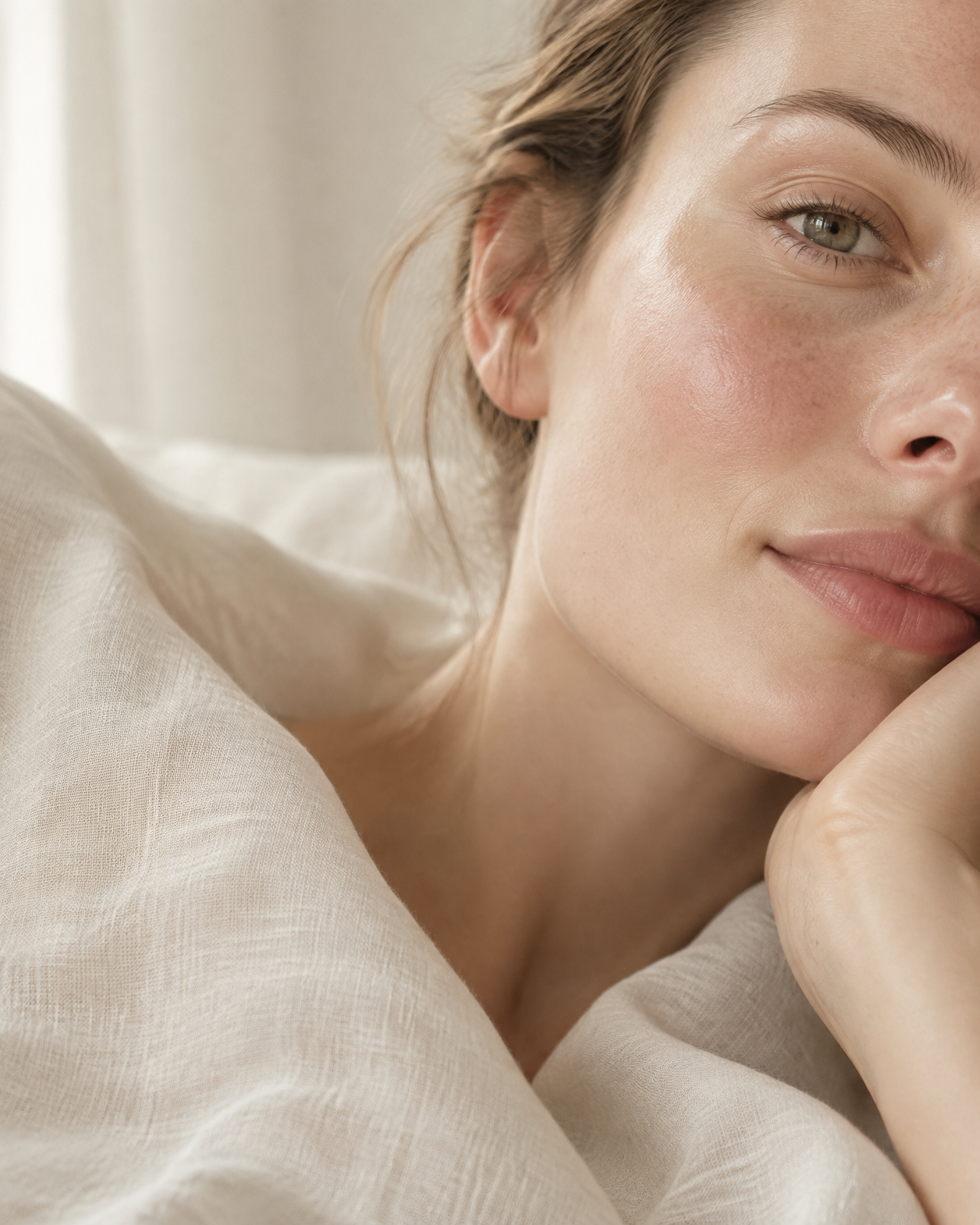 Naturally flushed skin resting against soft ivory linen