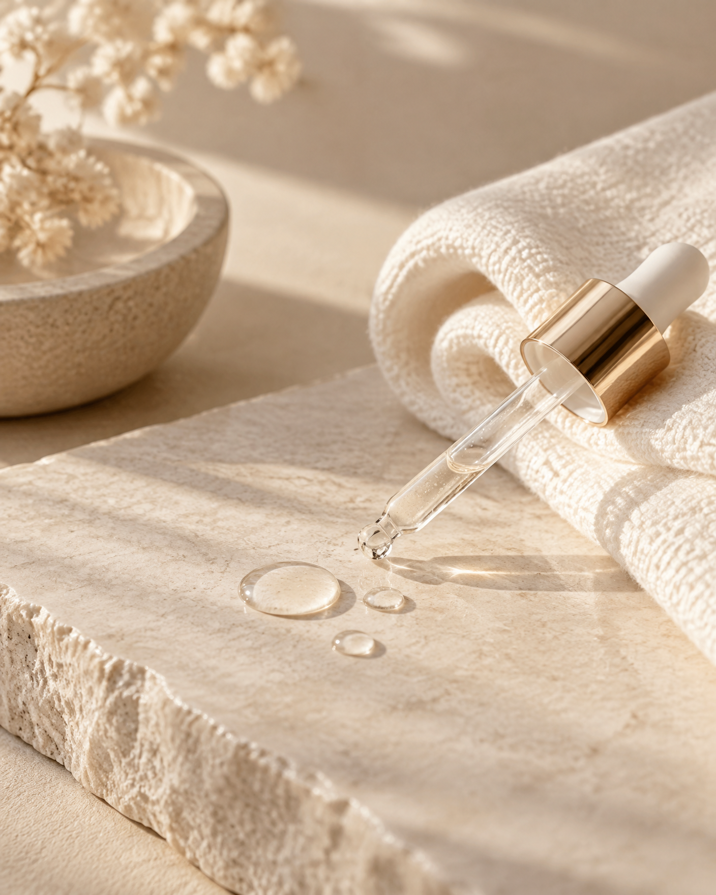 Hydrating serum and folded facial cloth in warm natural light