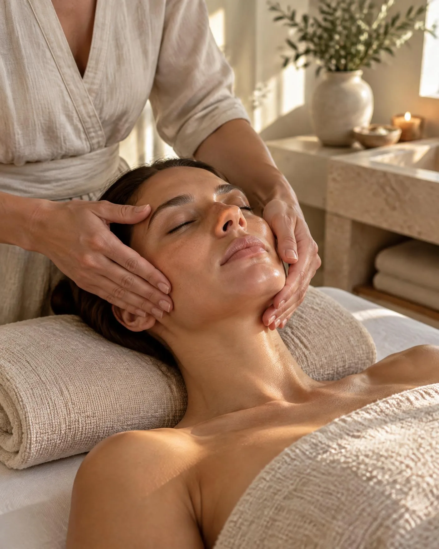 Hands performing a gentle facial massage in warm natural light