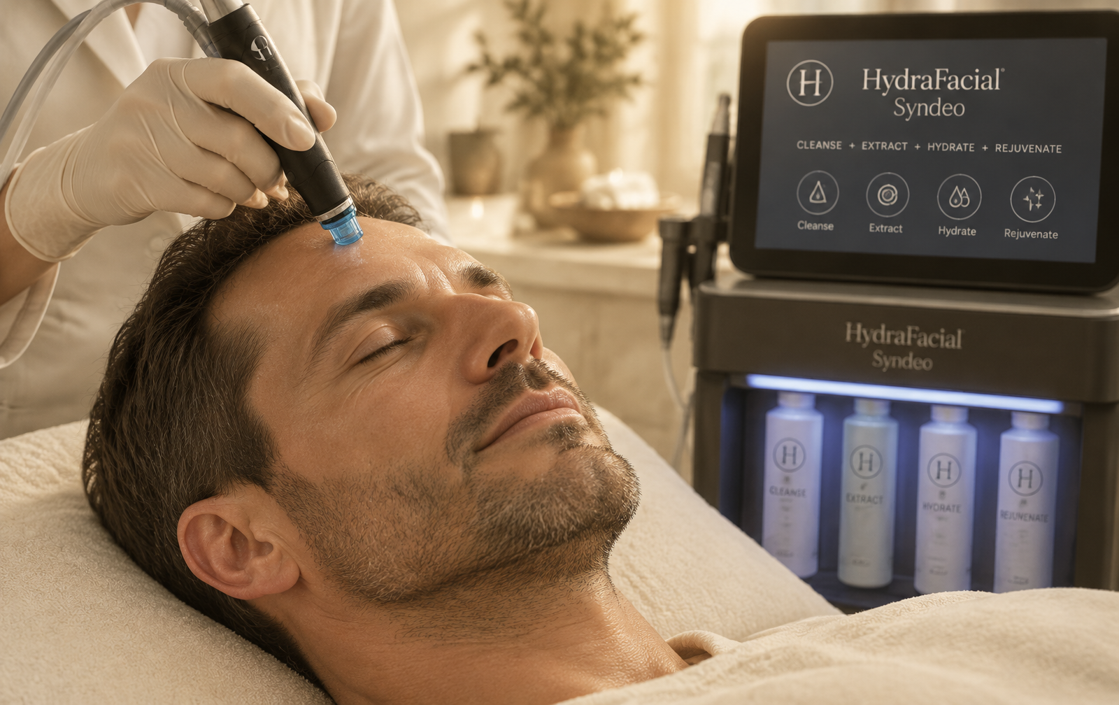 Close-up of a HydraFacial handpiece treating a man's forehead beside the illuminated Syndeo system