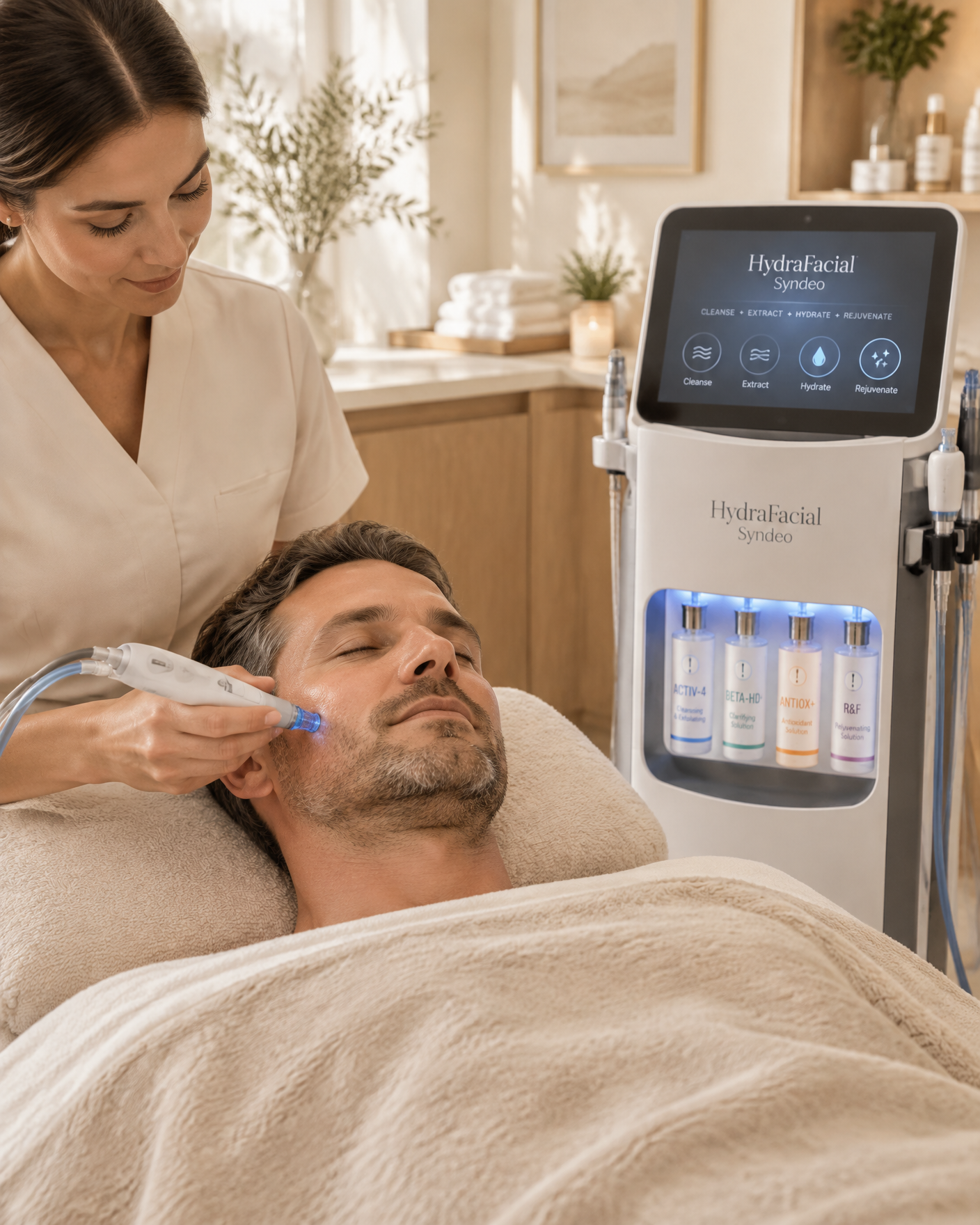Man receiving a HydraFacial beside the Syndeo system at OR'Si Skin in Romford