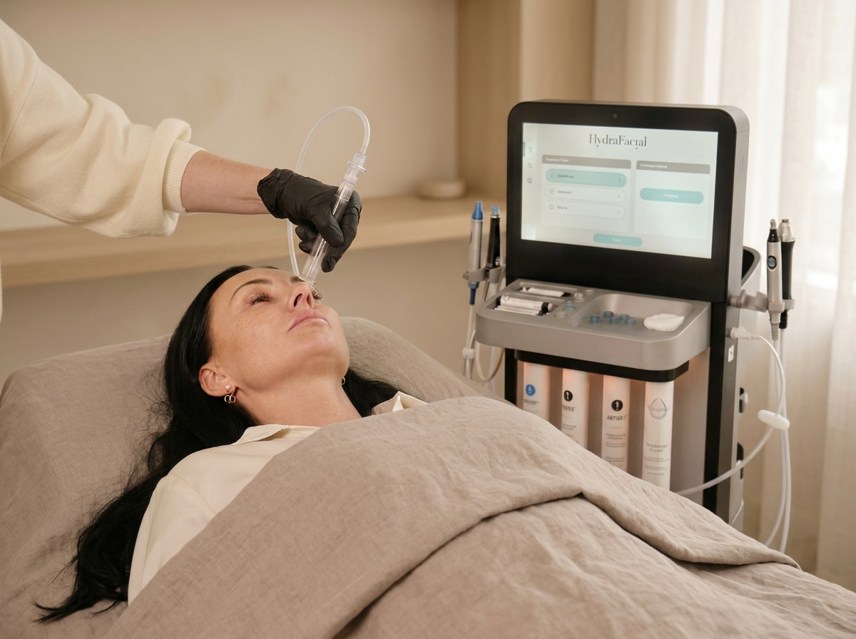 Client receiving a HydraFacial treatment beside the Syndeo system at OR'Si Skin in Romford