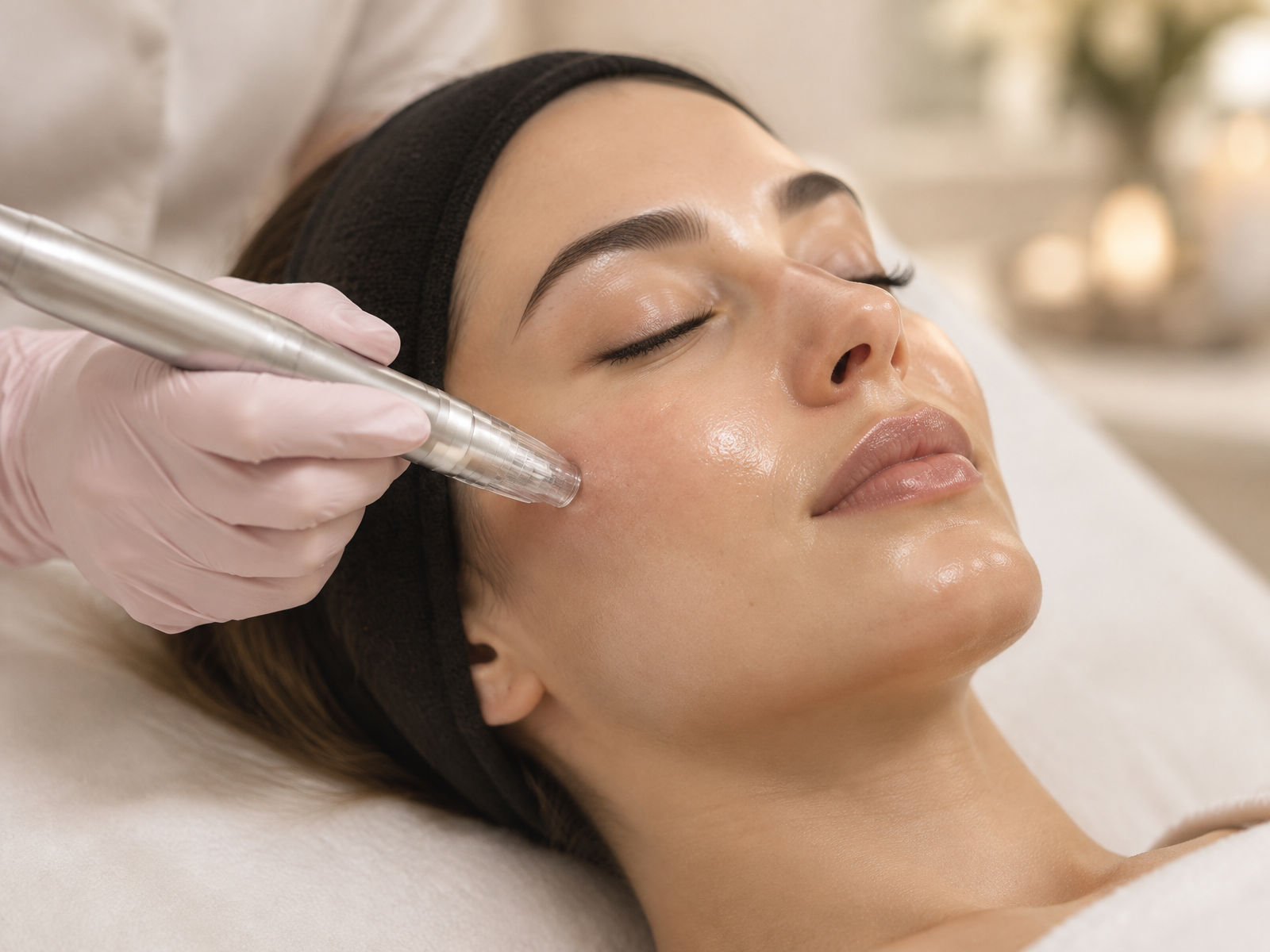 Nanoneedling pen gently worked across a client's cheek during a pHformula treatment at OR'Si Skin in Romford
