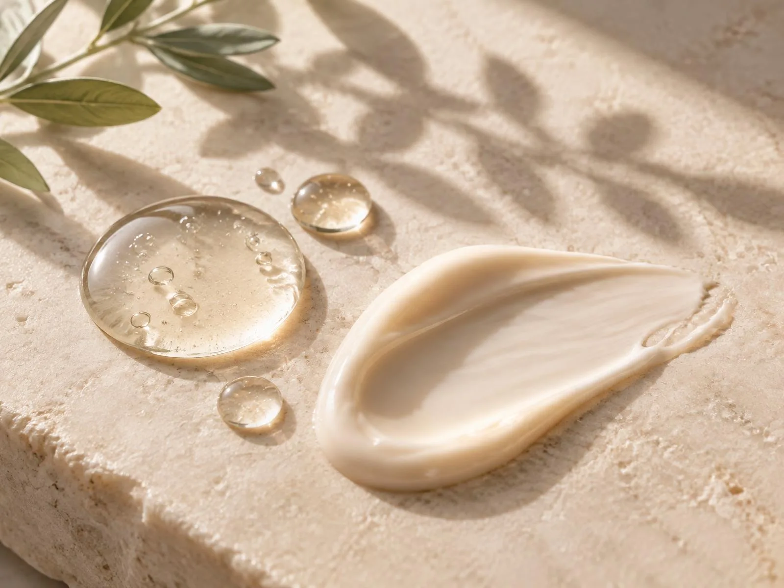 Serum drops and skincare texture on pale warm stone